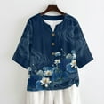 thumbnail image 4 of Xoenoiee Blue Lotus Flower Cloud Water Ripple Print Women Linen Button Down Shirt Rolled Cuffed 3/4 Sleeve Blouse Ladies Summer Casual V Neck Beach Cotton Tops, 4XL, 4 of 7