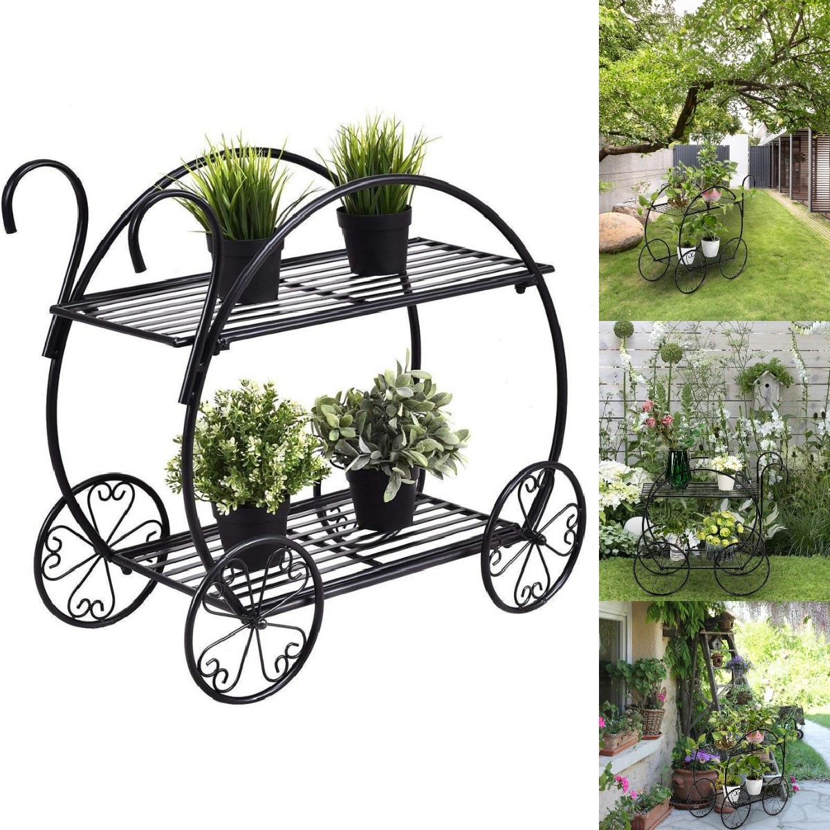 Goorabbit Metal Plant Stands For Outdoor,2Tier Metal Flower Cart Plant