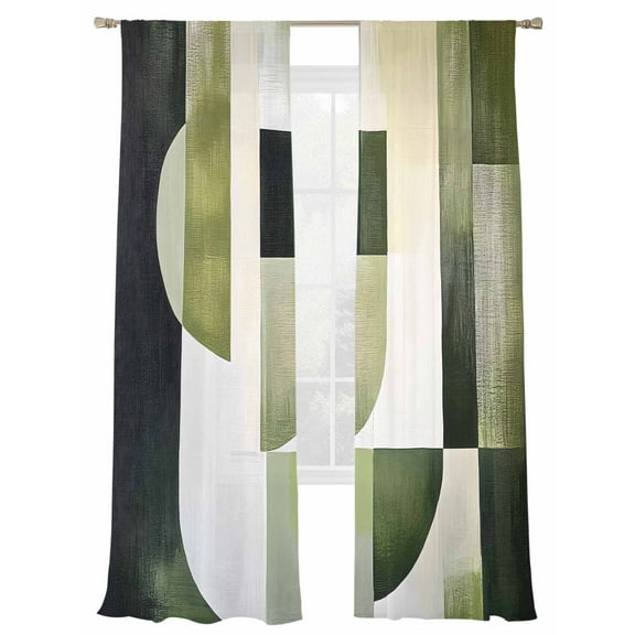 Abstract Geometric Sheer Curtains for Living Room Bedroom, Light-filtering Sheer Curtain, Watercolor Beige Green Decor Rod Pocket Voile Window Treatment Drapes, 52’’Wx84’’L, 2 Panels Set