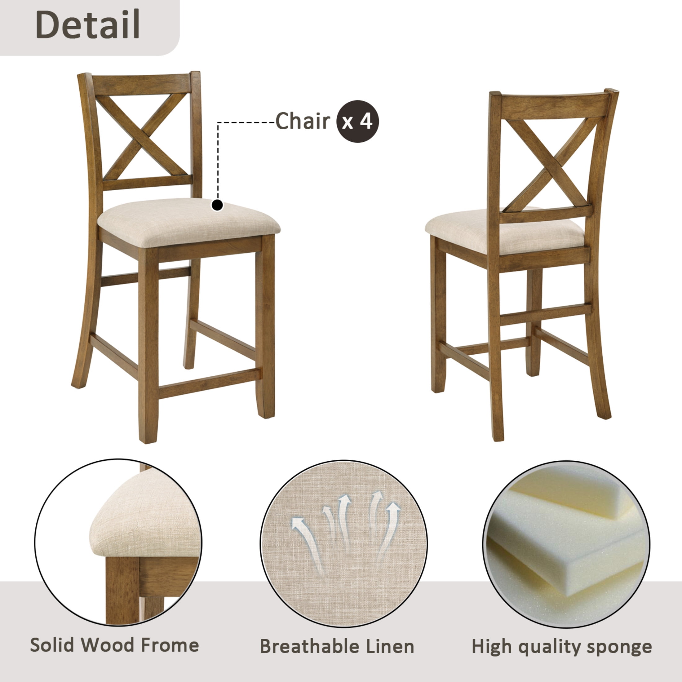 Noble House 5-Piece Counter Height Dining Set, Square Wooden Table with X-Back Chairs for Small Spaces, Natural Oak