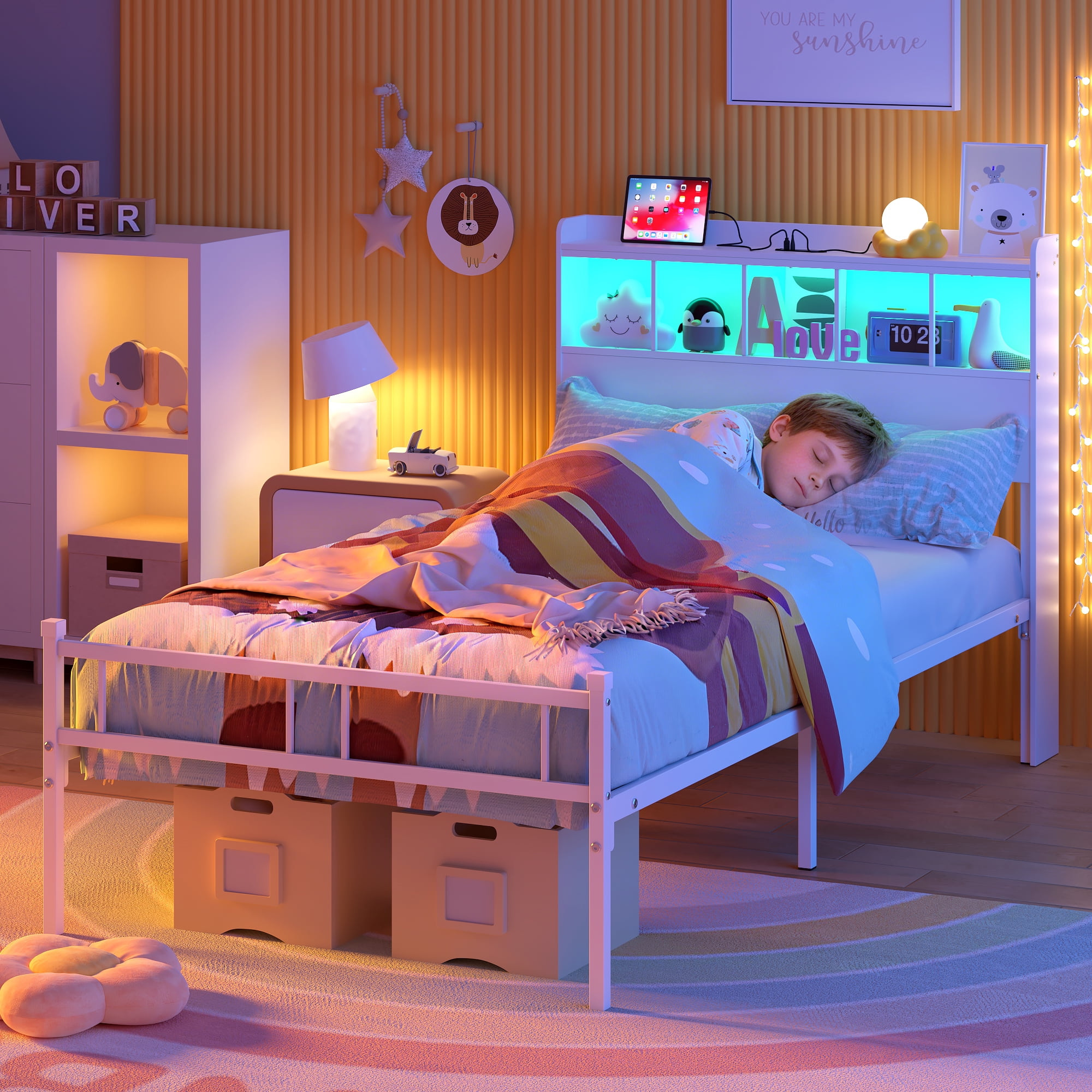 Yoneston Twin Platform Bed Frame with LED Storage Headboard & Charging Station, 2 -Tier Shelves and Under Bed Storage for Kids Teens, White