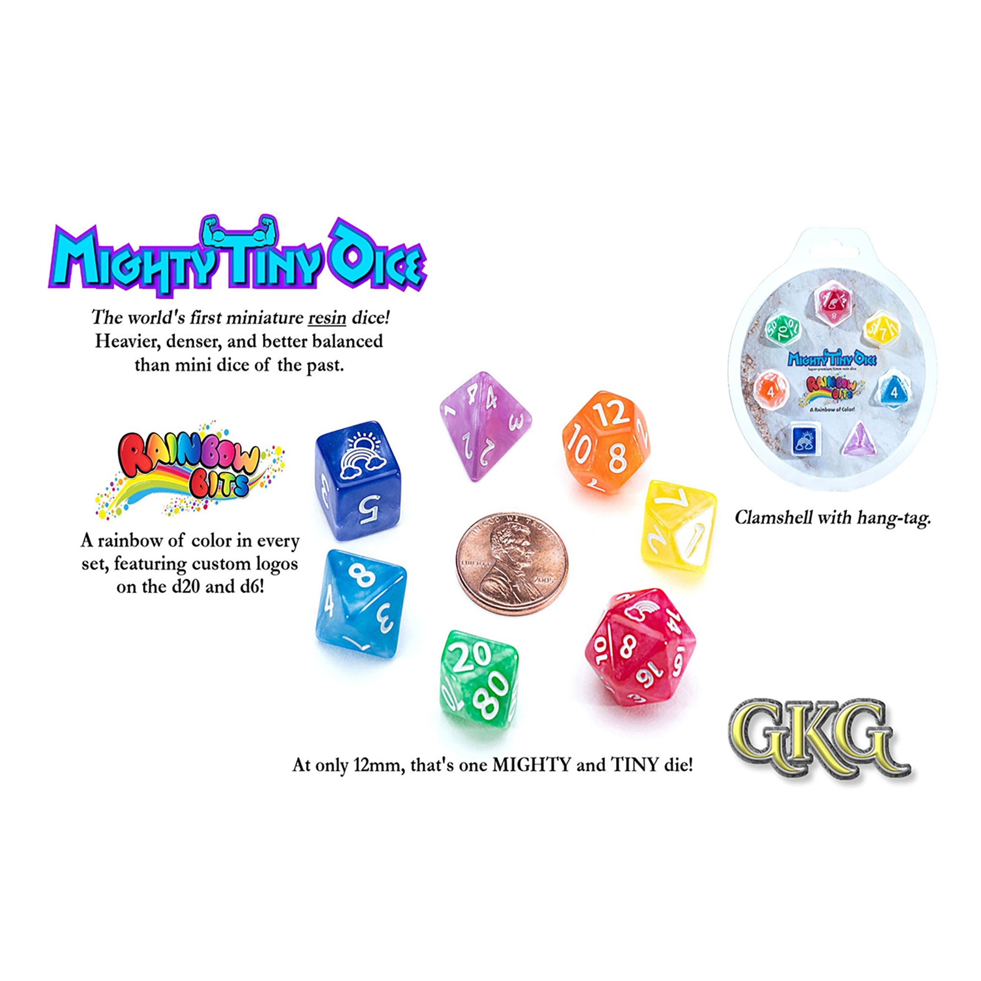 Mighty Tiny Dice: Rainbow Bits - 7 Piece RPG Dice Set, 12mm Resin Dice Set, Gate Keeper Games, Roleplaying, Custom Logos on d20 and d6, Rainbow Of Color in Every Set