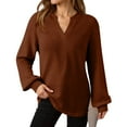thumbnail image 6 of WTOBBY Women's Long Sleeve V-Neck Casual Knit Top - Solid Color Waffle Texture Everyday Wear Spring Fall Fashion Tunic Blouse for Women, Stylish Comfort Stretch Fabric,Brown XL, 6 of 6