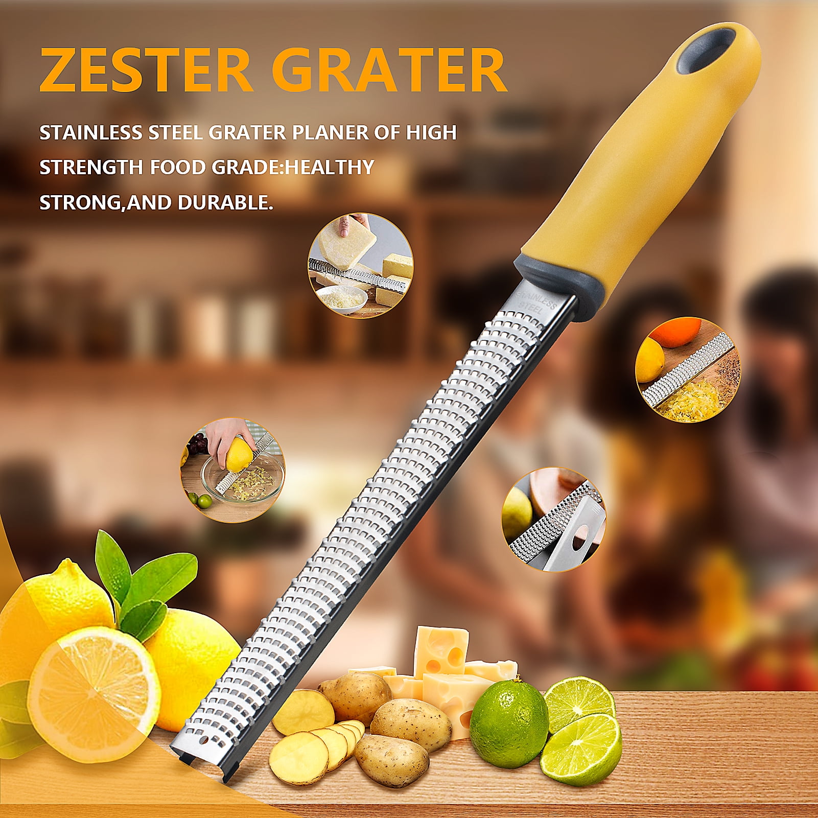 Humzena Lemon Zester Grater with Handle - Sharp Lemon Zester Tool -  Stainless Steel Lemon Grater Zester - Cheese Ginger Spices Grater Zester -  Easy to