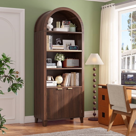EnHomee 79.9" Tall 6-Tier Arched Wooden Bookcase with Fluted Doors & Adjustable Shelves, Storage Cabinet with Display Shelf for Office, Living Room, Kitchen,Walnut