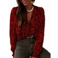 thumbnail image 2 of Womens Button Down Shirt Long Sleeve V-Neck Blouse Business Work Tops Dressy Casual Floral Printed Tops Red Flower XL, 2 of 9