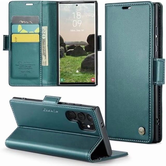 Funda tipo cartera para Samsung S24 Ultra con tarjetero, función atril, bloqueo RFID, cierre magnético, protección a prueba de golpes, de piel sintética, con tapa tipo cartera