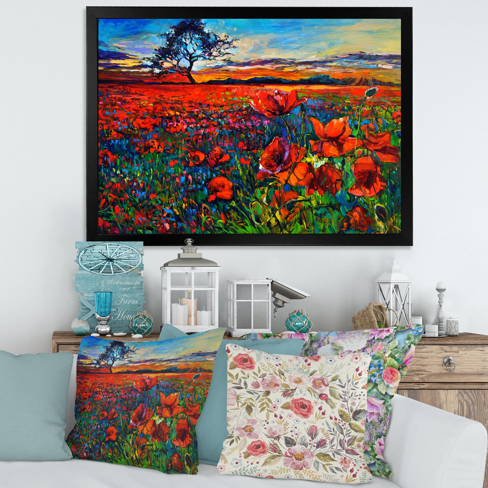 Designart 'Blossoming Red Poppy Fields With Distant Tree' Traditional Framed Art Print