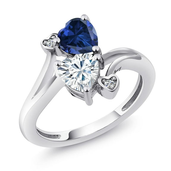 Gem Stone King 925 Sterling Silver Blue Created Sapphire White Moissanite and White Lab Grown Diamond Ring for Women (1.63 Cttw, Heart Shape 6MM, Gemstone September Birthstone, Size 9)