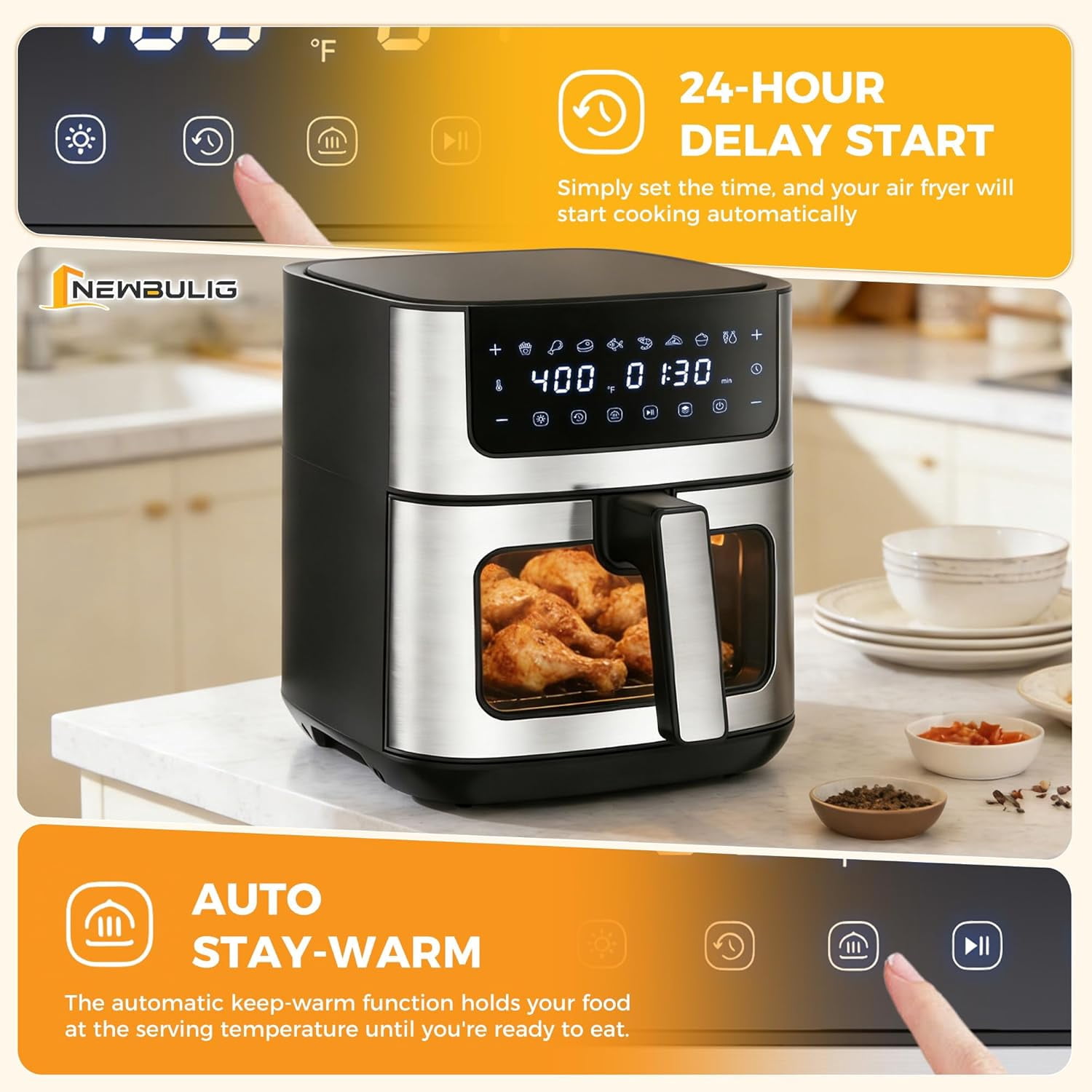 Air Fryer 6.34QT, Airfryer with Visible Window, 400 ℉ Fast Heating Air Fryers Oven with Nonstick and Dishwasher-Safe Basket, 8-in-1 Cooking Preset, Timer，Auto-Off, Stainless Steel, White