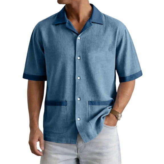 Men Short Sleeve Button Down Shirt with Contrast Trim Notched Collar Relaxed Fit Casual Top for Everyday Wear