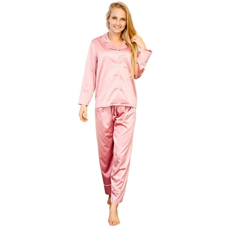 

Belles Design Womens Silk Satin Pajama Button Down Long Sleeve and Pants Set Sleepwear Loungewear S To XXL