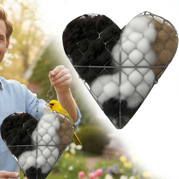 Lssam Handmade Refillable Bird Nesting Heart, Alpaca Fiber Hummingbird Nest with Hanging Loop, Natural Soft Nesting Material for Garden Yard Wildlife Shelter, 1Set