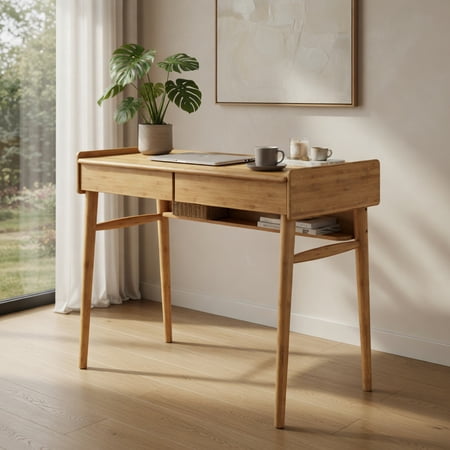 Demi Bonn Bamboo Computer Desk with 2 Storage Drawers and Open Shelf, Small Home Office Desk Study Writing Table, Beige