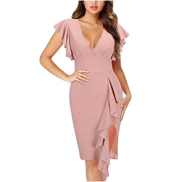 Vestido de tubo sexy con mangas con volantes y escote en V profundo a la moda de verano para mujer Fridja bnh1655