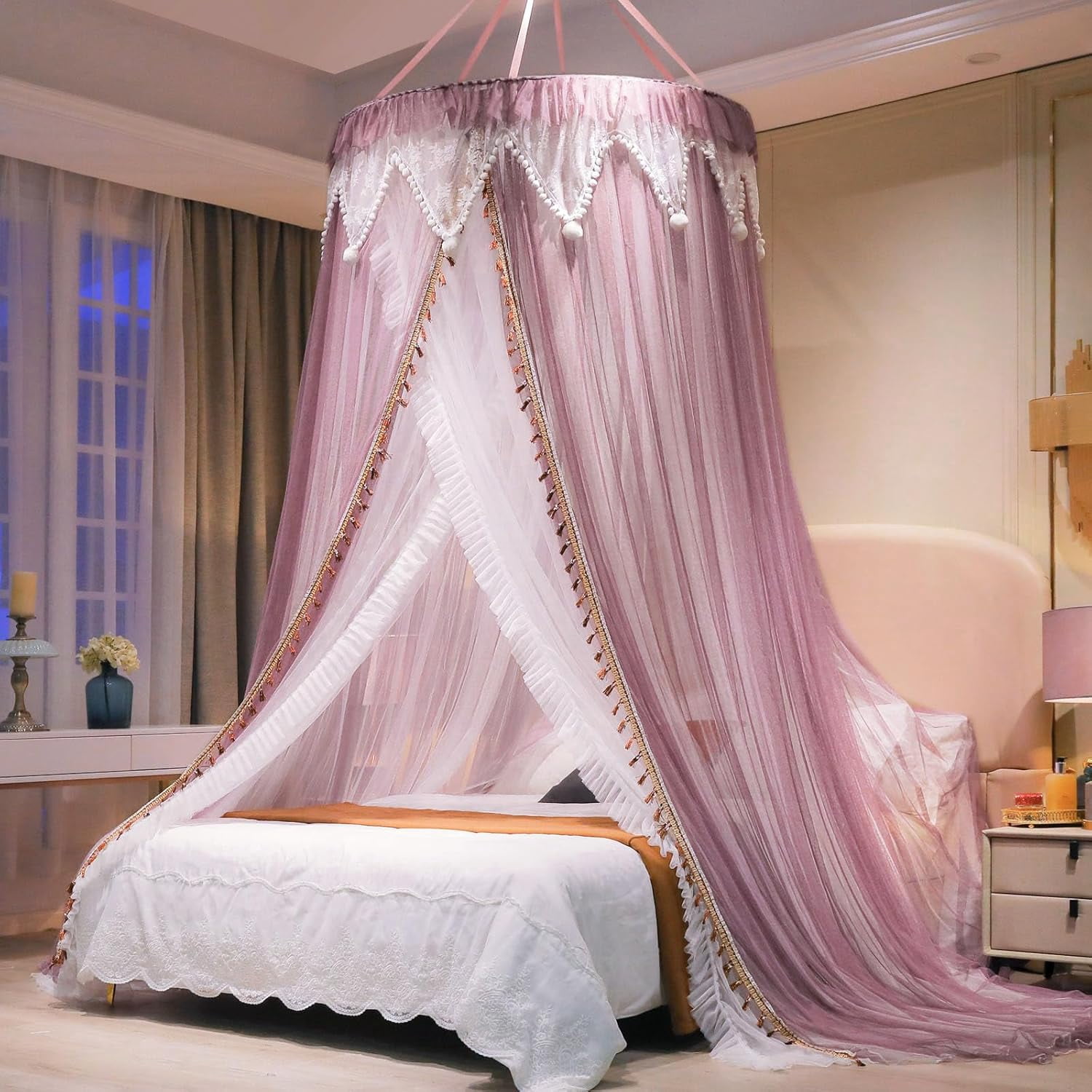 Girls and Adults Canopy Bed, Elegant Double-Layer Bed Curtain, Children's Dream Round Lace Mosquito Net, Princess Canopy Net - Fits Twin, Full, Queen, and King Beds (White/Red Bean)