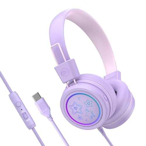 MEE audio KidJamz KJ55 Auriculares USB-C de escucha segura para niños con luces LED multicolores, limitador de volumen y micrófono; Auriculares supraaurales con cable para iPhone 16, iPad y dispositiv