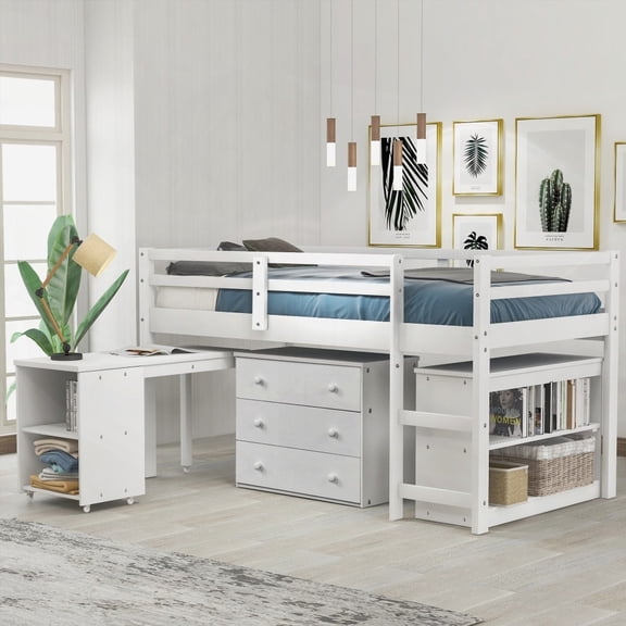 White Low Loft Bed Cabinet & Rolling Desk - High-Quality Pine, Enhanced Bedroom with Versatility