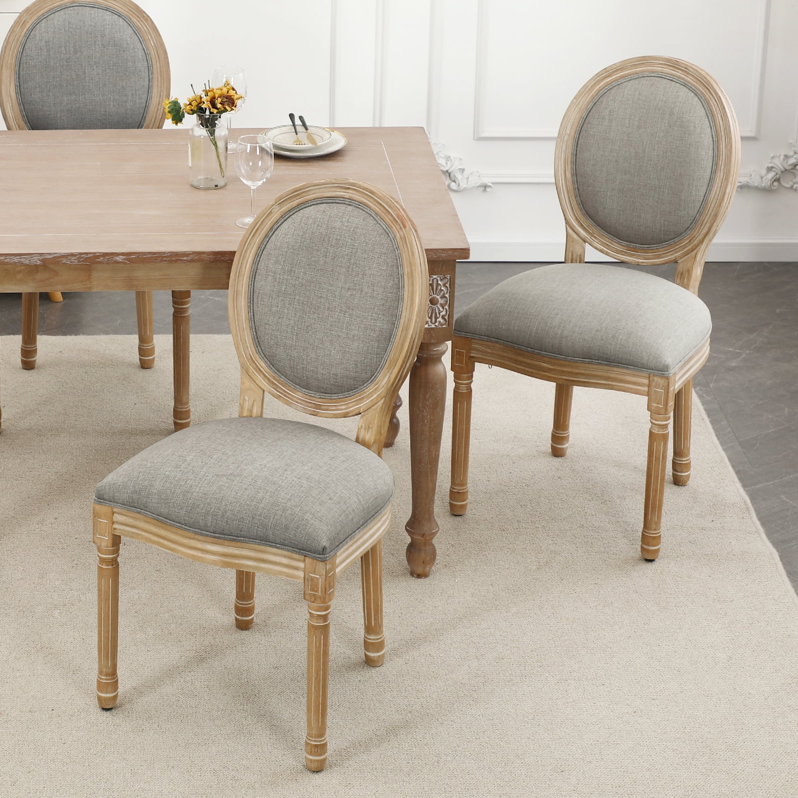 King Louis Back Side Chair Set of 2 Upholstered Linen Dining Room Chairs Light gray French Country Dining Chairs