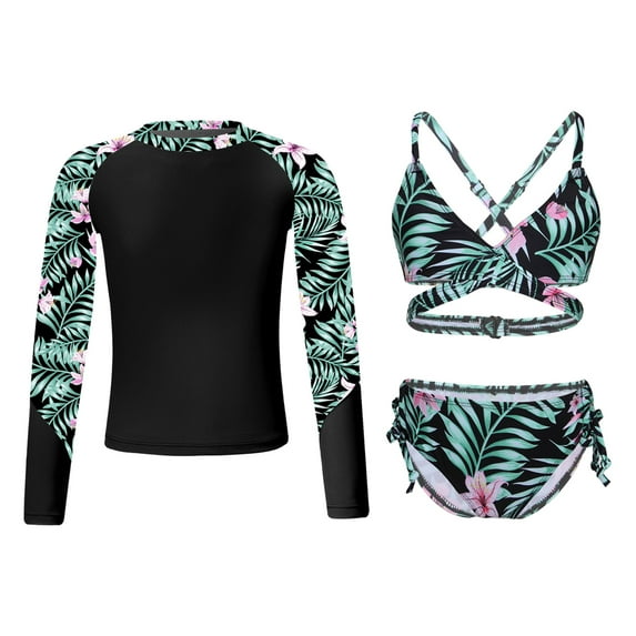 YONGHS Kids Girls 3 Piece Tankini Swimsuits Long Sleeve Rashguard Swimwear Set UPF 50+ Black-A 16
