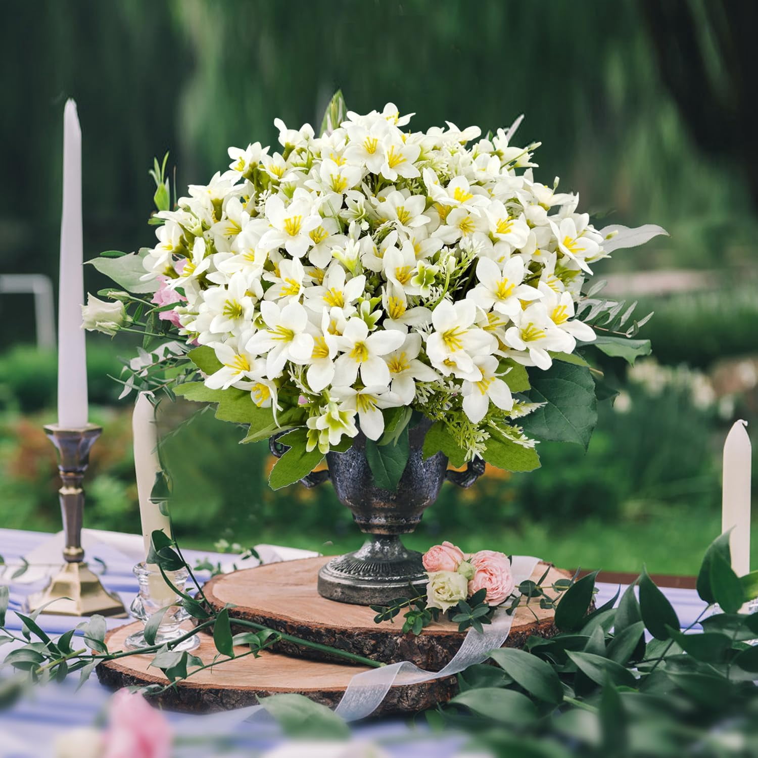 5 Bundles Artificial Silk Lily Flowers Fake Lilies Floral Faux Bouquet for Wedding DIY Decoration Indoor Outdoor Vase Table Centerpieces Kitchen Party Porch Arrangement (White)