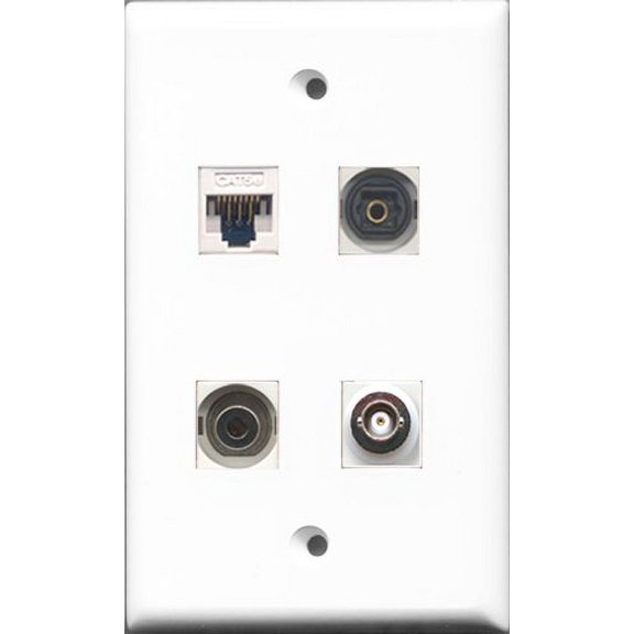 RiteAV 1 Port Toslink and 1 Port 3.5mm and 1 Port BNC and 1 Port Cat5e Ethernet White Wall Plate
