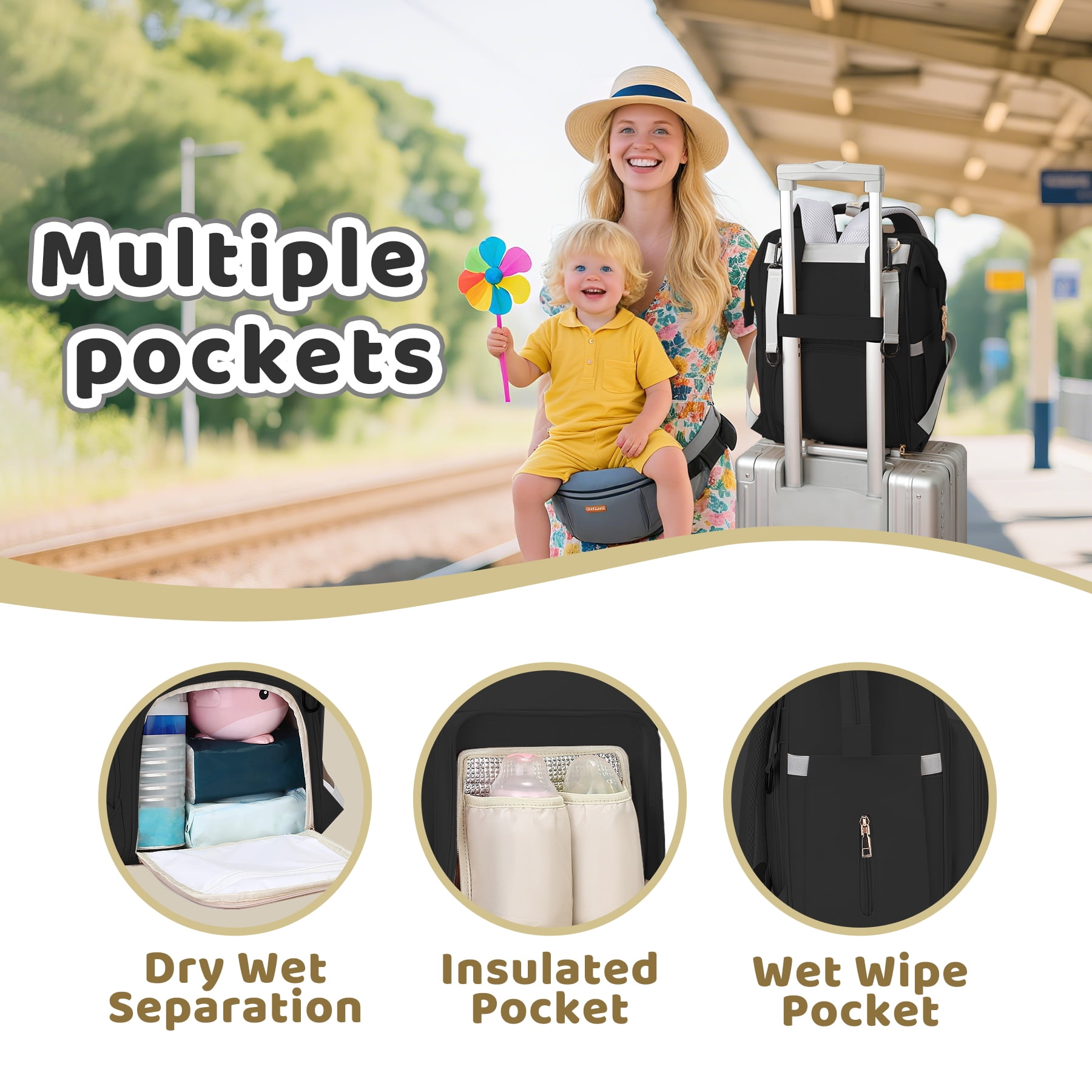Stillithou Diaper Bag Backpack for Women, Large Capacity Baby Diaper Backpack with Wet Dry Pockets, Stroller Straps & Insulated Pockets - Travel Daily Use Shopping, Black