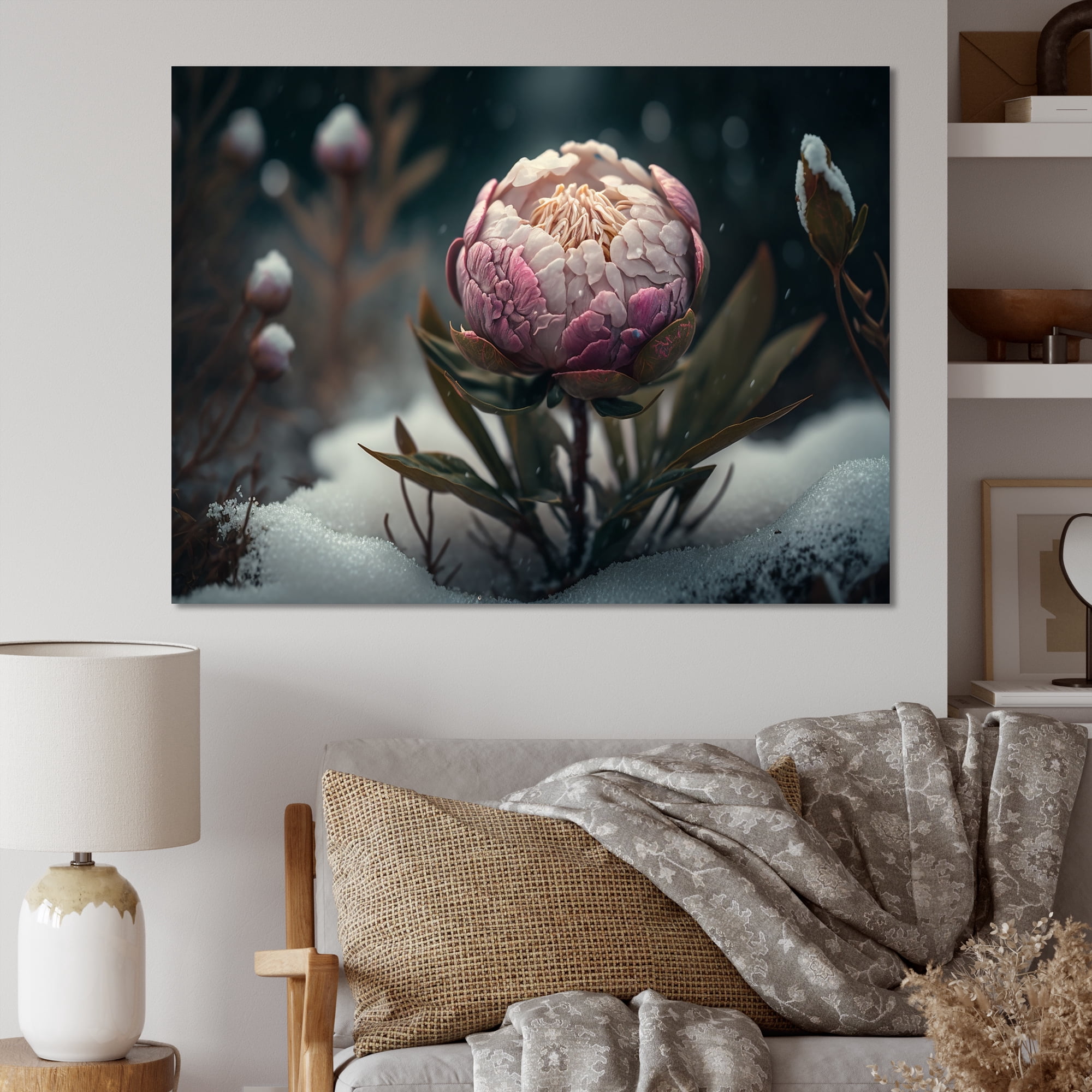 Designart A Blooming Pink Peony Flower In Winter II Canvas Wall Art