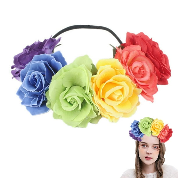 Diadema con corona de flores de rosas, guirnalda para el pelo de boda nupcial, tocado, accesorio para el cabello para niñas, mujeres y niños, arcoíris