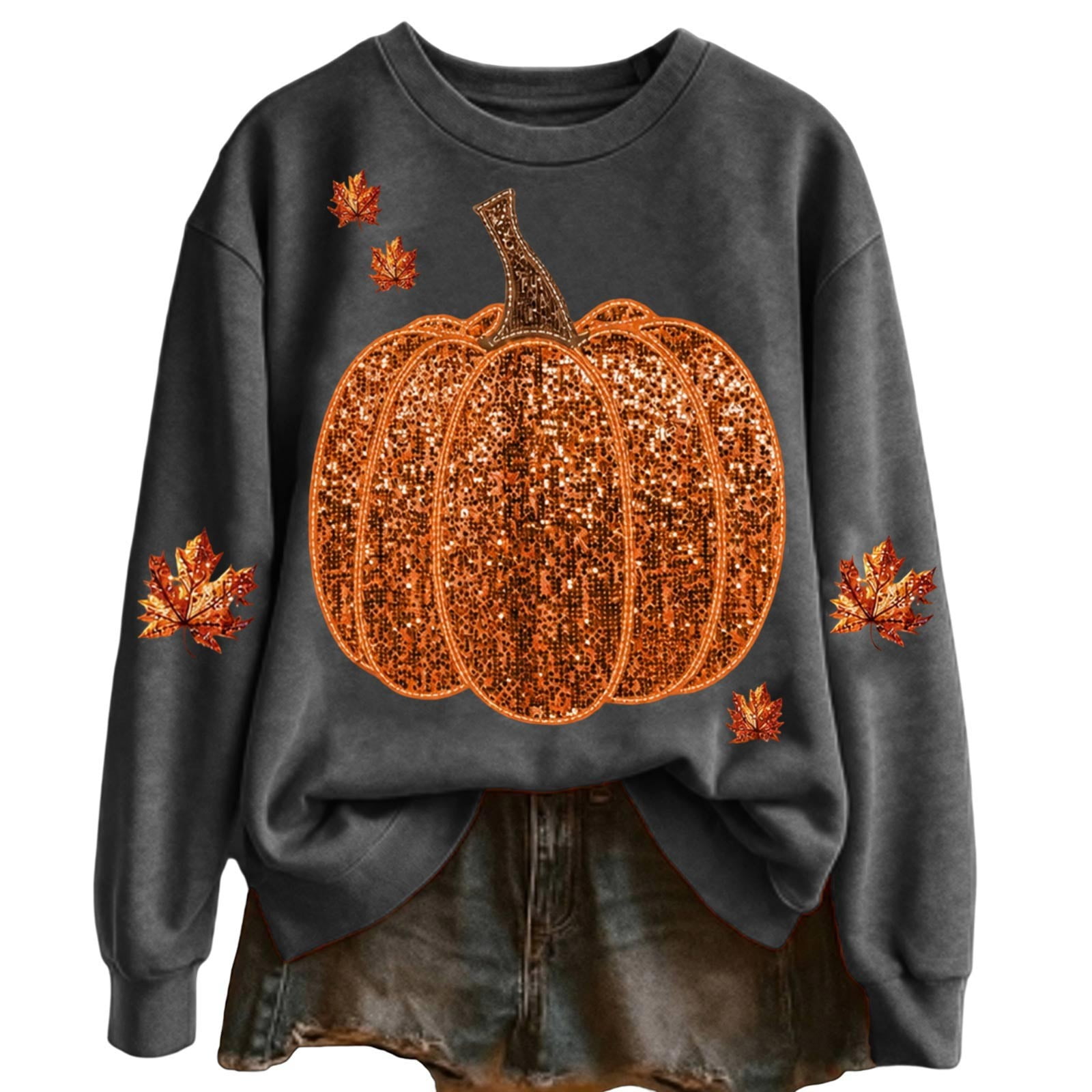 WEIWEN Halloween Sweatshirt for Women Fashion Maple Leaf Pumpkin Print Fall Outfits for Women Long Sleeve Going Out Tops Dressy Casual Thanksgiving Sweaters Women s Clothing L