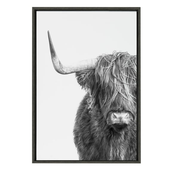 Kate and Laurel Sylvie BW highland Cow No. 1 Framed Canvas Wall Art by Amy Peterson Art Studio, 23x33 Gray, Rustic Animal Wall Decor for Wall