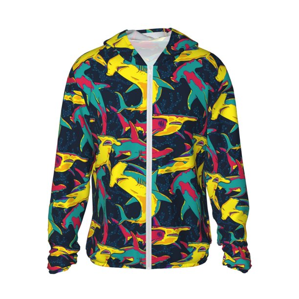Balery Colorful Sharks Sudadera ligera de manga larga con capucha y protección solar UPF 50+ para hombre y mujer, ideal para pesca y running-XX-Large