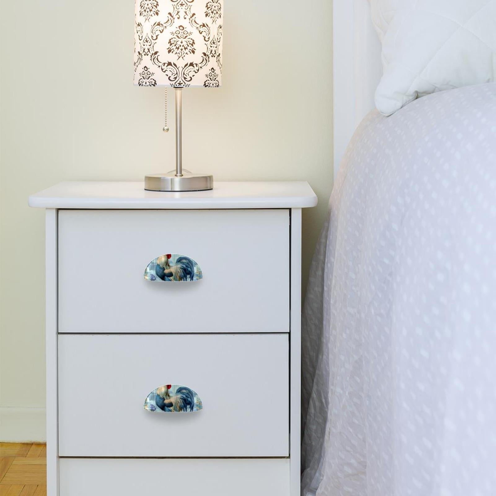 PhooArto 6 Pcs Cup Drawer Pulls, Rooster Flower Blue Background Shell Shape Handles Cabinet Knobs for Dresser Cupboard Closet Wardrobe with Screws