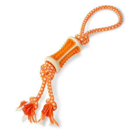 Fluffy Paws Rubber Combo Dental Bone Pet Dog Chew Toy and Tug Rope - Orange/White (17.7