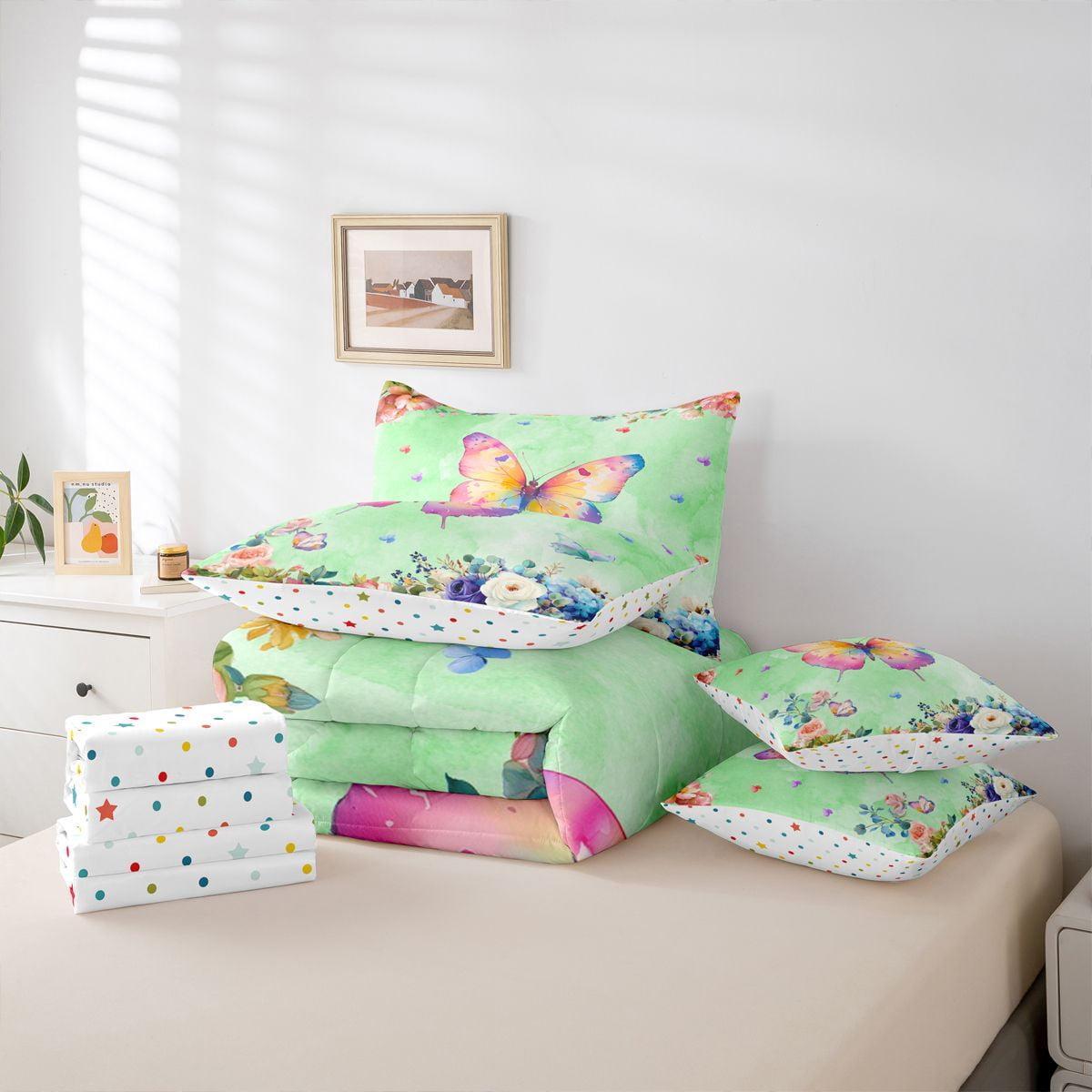 Homewish Chic Butterflies 7pcs Bedding Comforter Set,Rustic Flower Queen Bedding Sets,Green Pink Queen Sheet Sets For Girls Kids,Microfiber Bedroom Decor Reversible