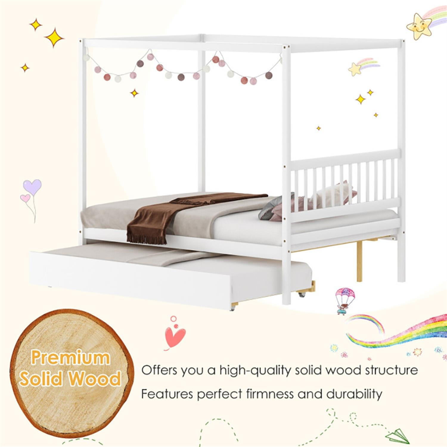 Demi Bonn Full Size Canopy Bed with Trundle Wooden Platform Bed Frame Headboard for Teens, White