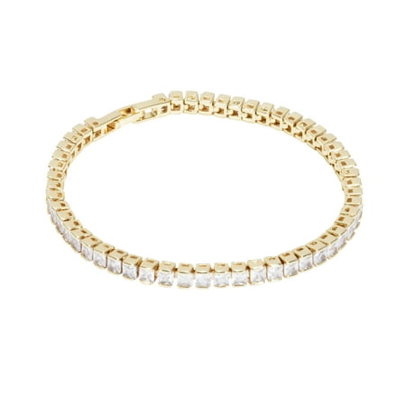 EZI Square Princess-Cut CZ Cubic Zirconia Gold Electroplate Women’s Costume Jewelry 7.5” Rhodium-Plated Tennis Bracelet
