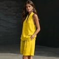 thumbnail image 7 of Linen Short Sets for Women 2 Piece Outfits V Neck Halter Tank Tops Knee Length Bermuda Shorts Beach Loungewear Set,Yellow XL, 7 of 7