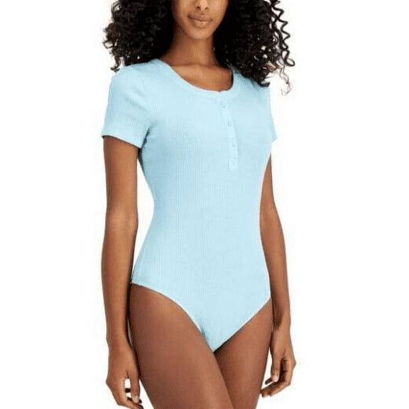 Jenni Ribbed Henley Caribbean Turquoise Bodysuit-Medium