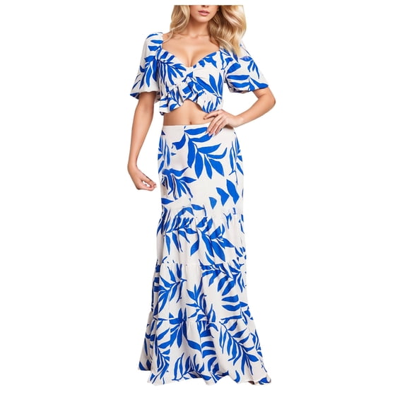 DHFJKG Women's 2 Piece Outfits Summer Boho Skirt Sets Floral Hawaii Short Sleeve V Neck Crop Top Maxi Skirts Beach Vacation Clothes Trendy Outfit