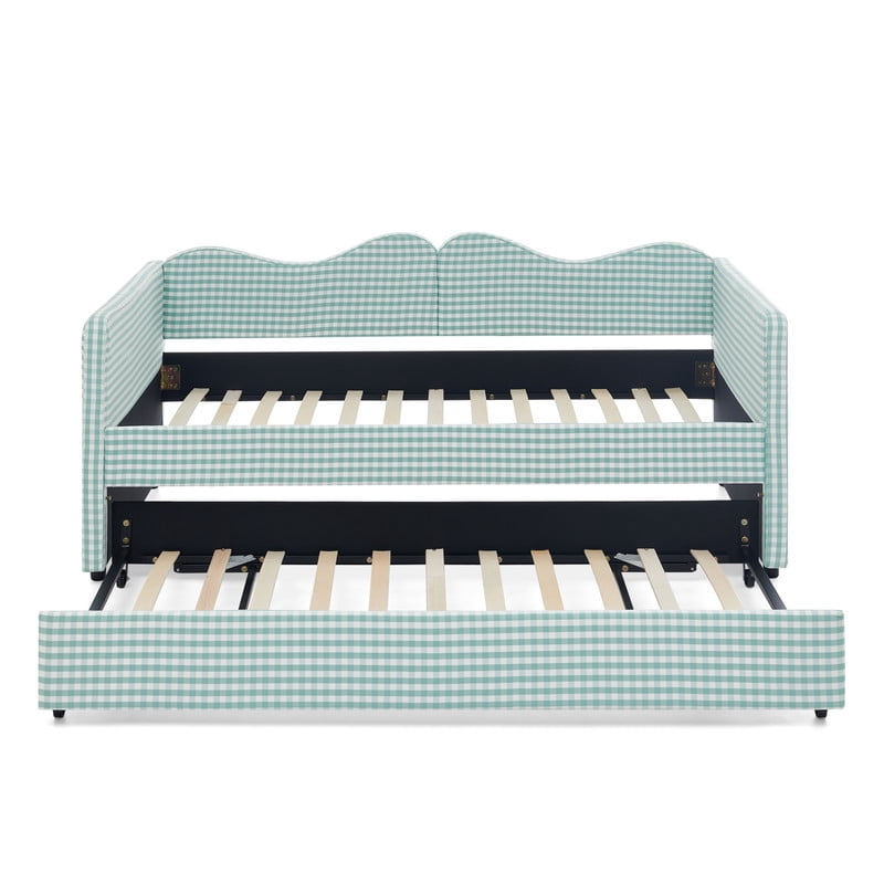 Twin to King Size Daybed with Trundle, Gingham Upholstered Day Bed Frame with Side Storage Pocket and Wave Backrest, Sofa Bed Frame for Bedroom, No Box Spring Needed