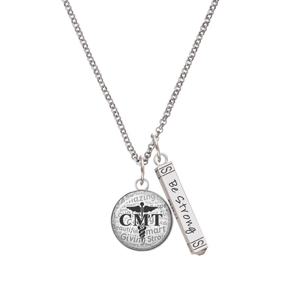 Delight Jewelry Silvertone Domed Black CMT Silvertone Be Strong and Courageous Bar Charm Necklace, 23"