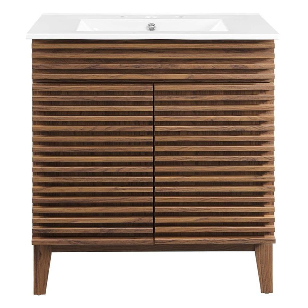 Modway Render 30" Modern Wood Bathroom Vanity Cabinet in Walnut/White