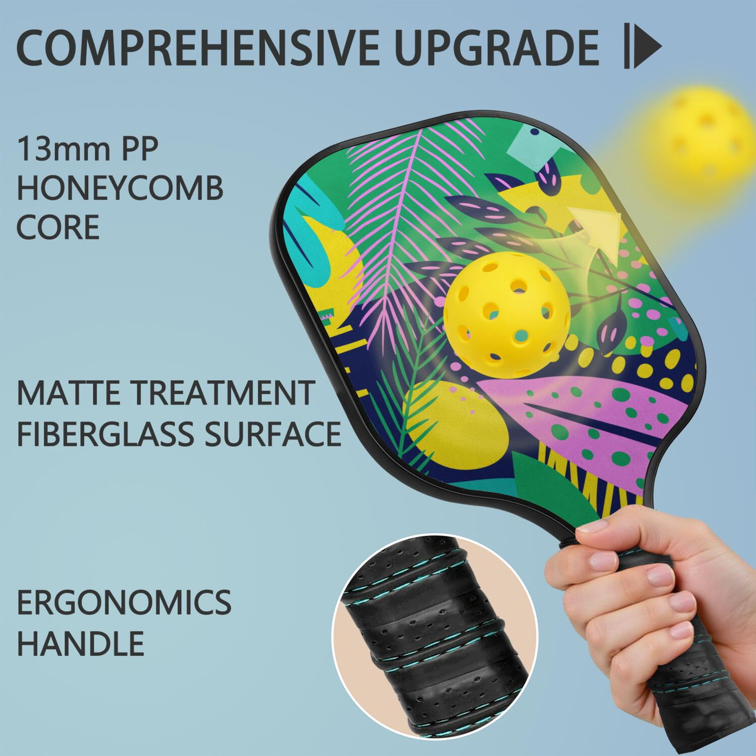 Pickleball Paddles Set Of 2, Fiberglass Surface, Tropical Jungle Print, 4 Balls & Bag