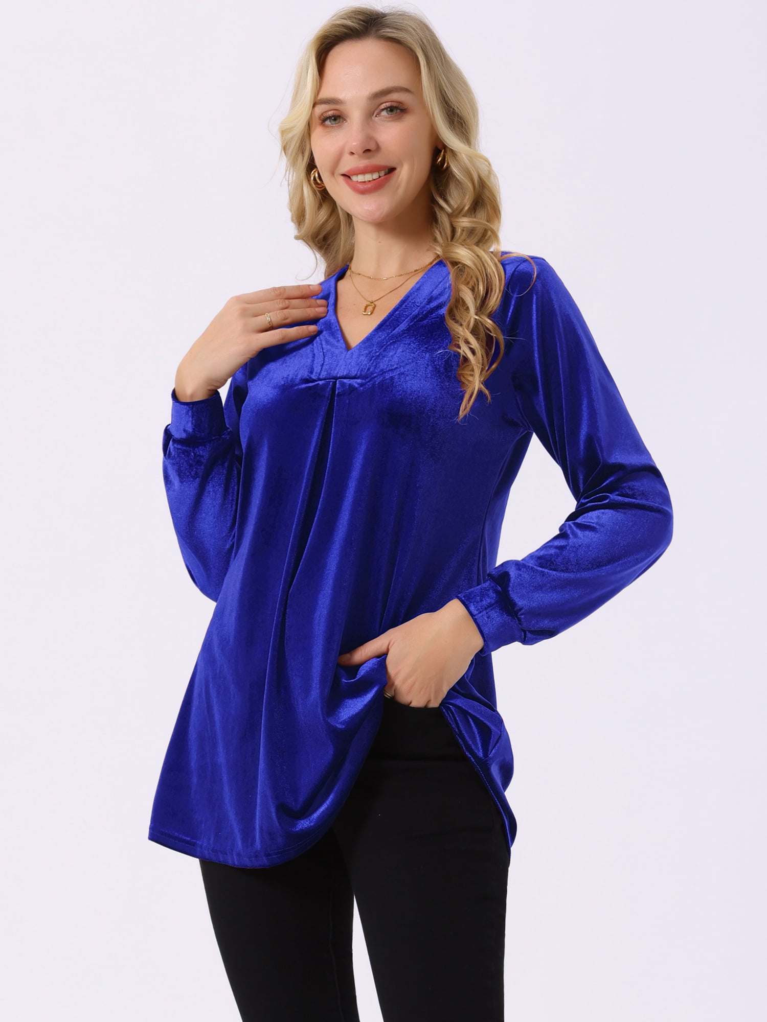DARING DIVA Women's Velvet Top V Neck Long Sleeves Loose Blouse XL Royal Blue