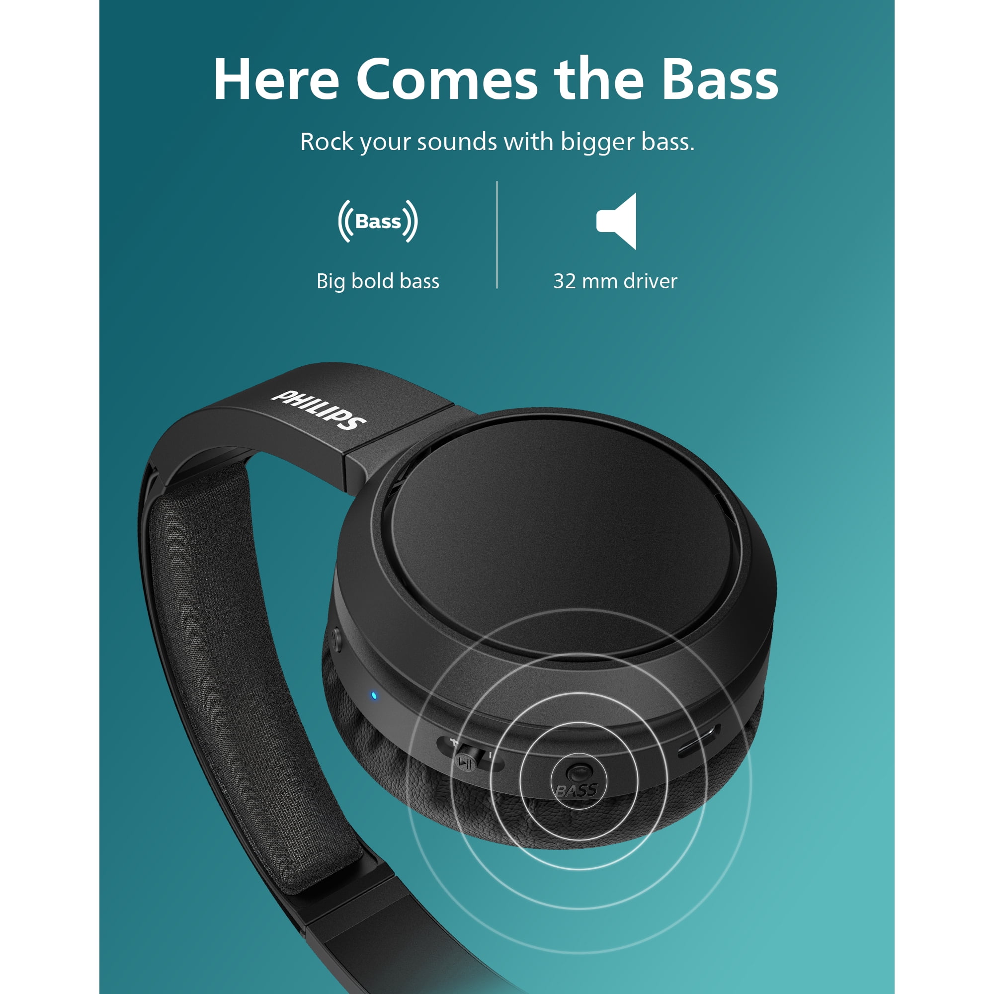 Philips H4205 on-Ear Wireless Headphones with 32mm Drivers and BASS Boost on Demand, Black