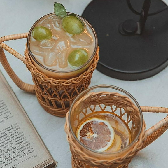 Yardwe Light Brown Glass Drinking Cup with Rattan Sleeve for Home Use