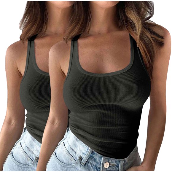 Dealovy 2pc Going out Tops for Women Ribbed Knit Square Neck Tank Tops Sleeveless Slim Solid Color Undershirts