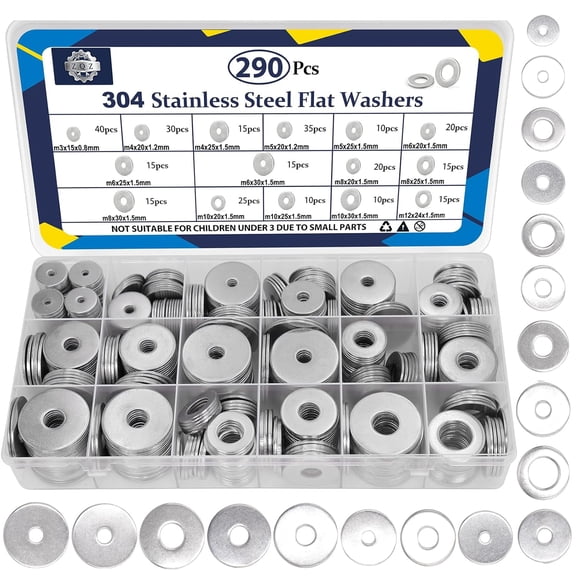 290Pcs Flat Washers, 304 Stainless Steel Fender Washers Assortment, 15 Different Sizes Wide Washer M3 M4 M5 M6 M8 M10 M12 Assorted Flatwashers Kit