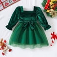 thumbnail image 2 of WUANDIXFA Toddler Baby Girl Christmas Velvet Dress Square Neck Puff Long Sleeve Bow Holiday Party Dress,Dark Green,12-18 Months, 2 of 9